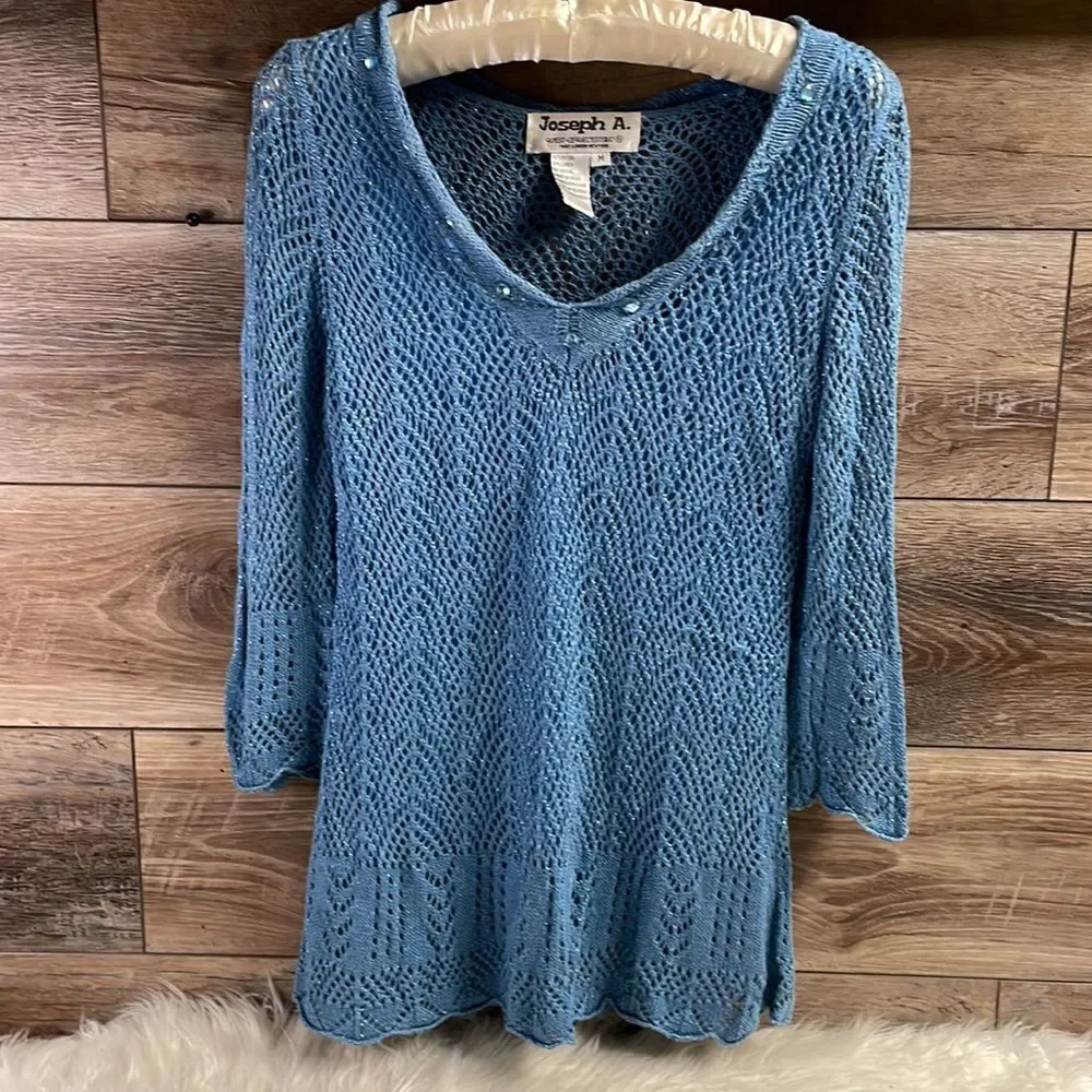 Joseph A Ladies Open Knit Sweater Sz Medium Blue W/Silver Threads Built in Camis